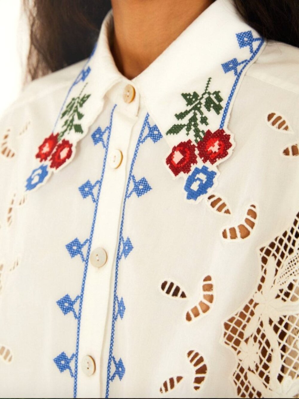 FARM Rio Off White Flowers Embroidery Richelieu Shirt - Picture 2 of 16